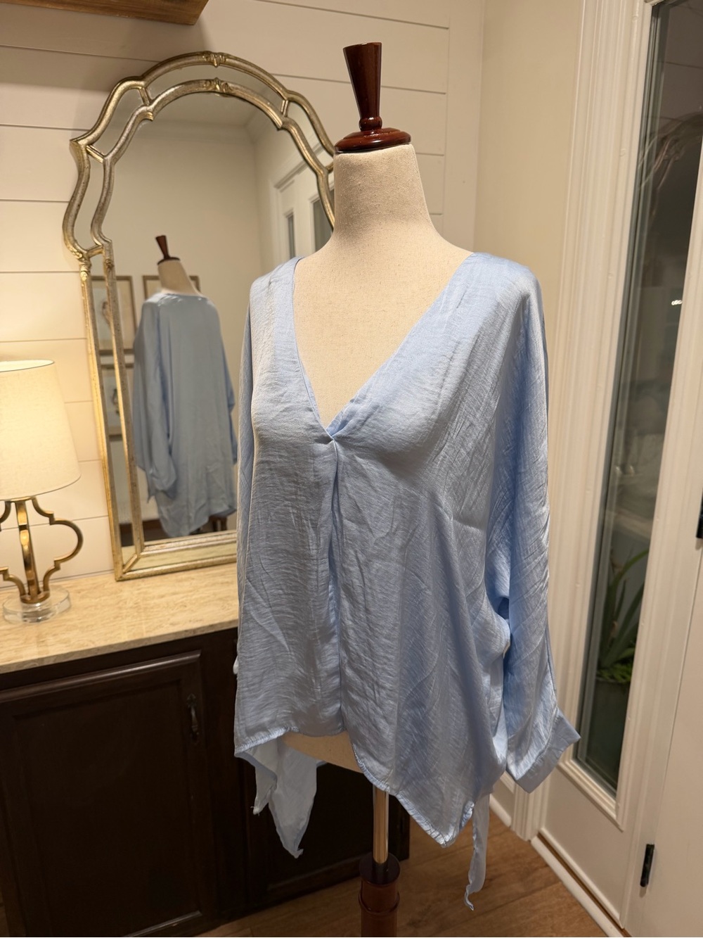 glam Light Blue V-Neck Flowing Blouse